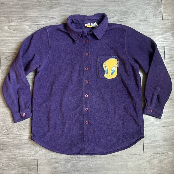 Vintage 00s Looney Tunes Tweety Bird Purple Fleece Button Up Cardigan Size 18/20 - Picture 1 of 4